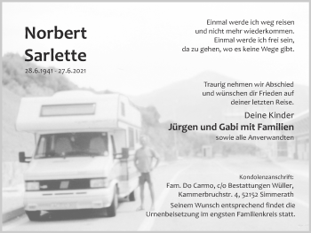 Traueranzeige von Norbert Sarlette von Zeitung am Sonntag