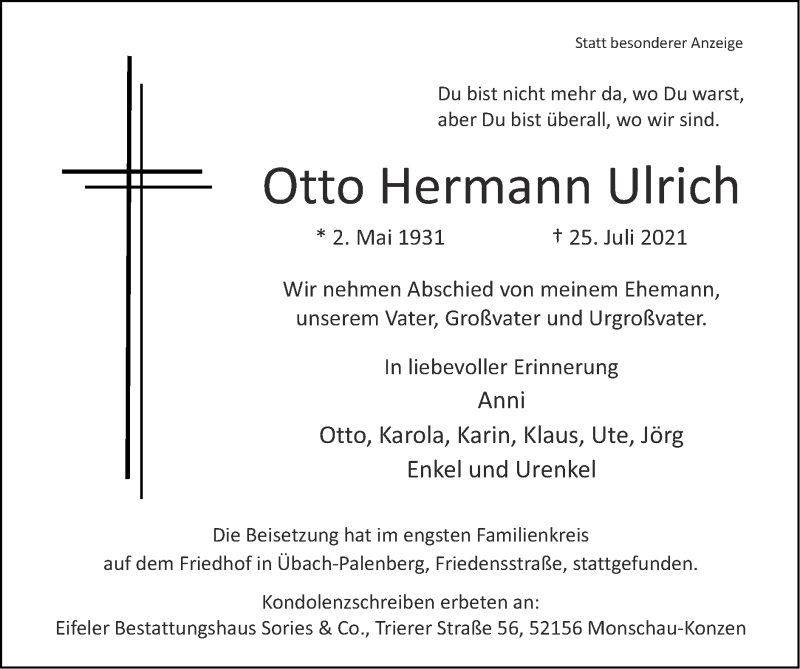  Traueranzeige für Otto Hermann Ulrich vom 01.08.2021 aus Zeitung am Sonntag