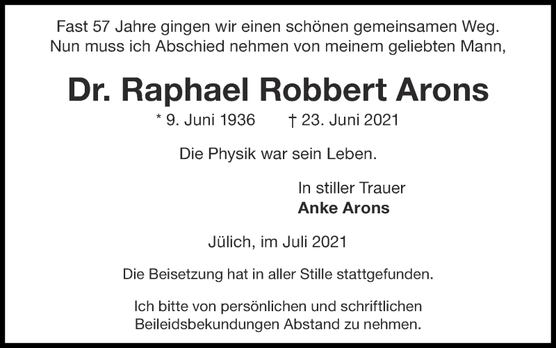  Traueranzeige für Raphael Robbert Arons vom 18.07.2021 aus Zeitung am Sonntag