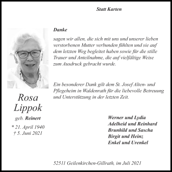 Traueranzeige von Rosa Lippok von Zeitung am Sonntag