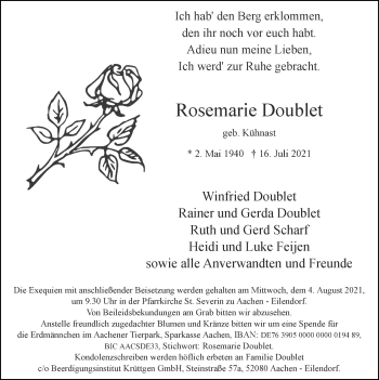 Traueranzeige von Rosemarie Doublet von Zeitung am Sonntag