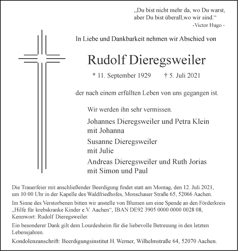  Traueranzeige für Rudolf Dieregsweiler vom 10.07.2021 aus Aachener Zeitung / Aachener Nachrichten