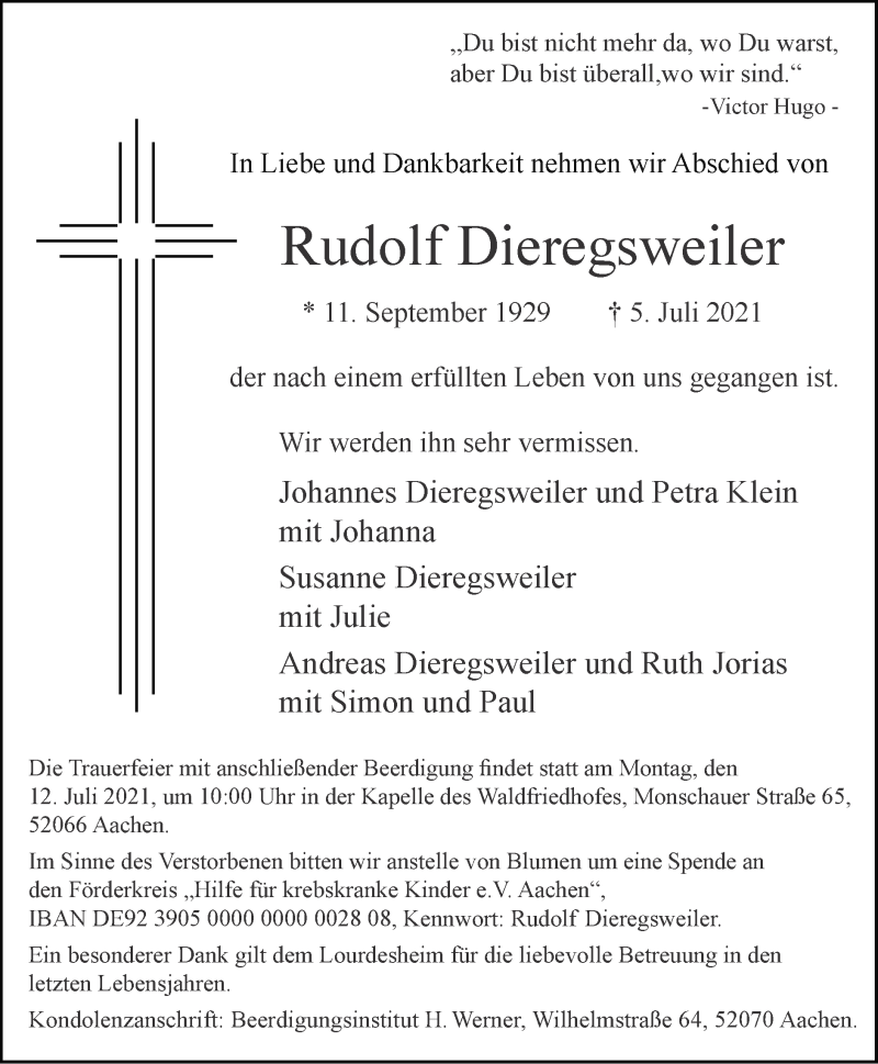  Traueranzeige für Rudolf Dieregsweiler vom 11.07.2021 aus Zeitung am Sonntag