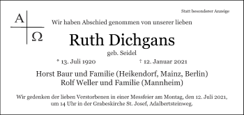 Traueranzeige von Ruth Dichgans von Aachener Zeitung / Aachener Nachrichten