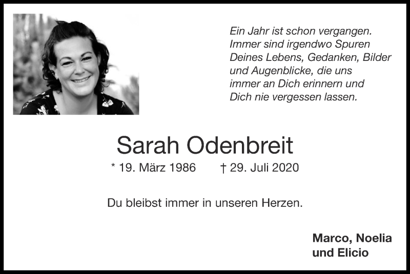  Traueranzeige für Sarah Odenbreit vom 01.08.2021 aus Zeitung am Sonntag