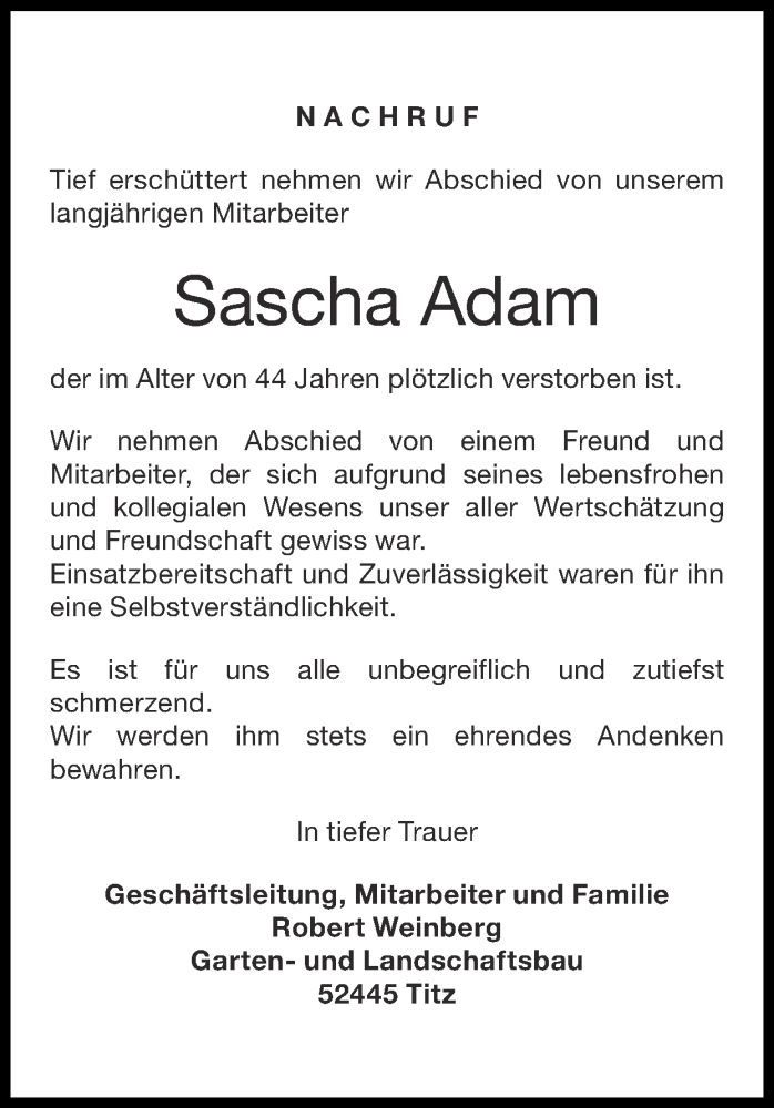  Traueranzeige für Sascha Adam vom 01.08.2021 aus Zeitung am Sonntag