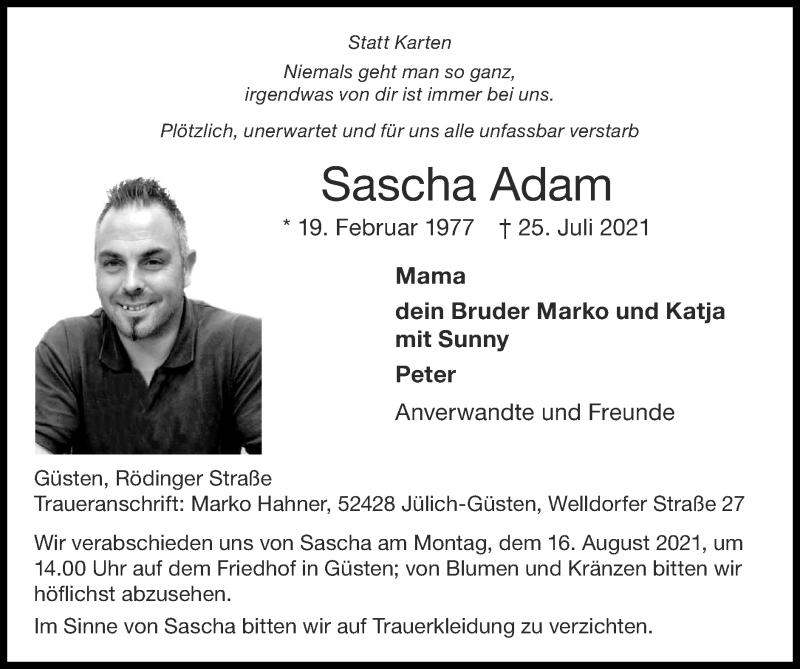  Traueranzeige für Sascha Adam vom 01.08.2021 aus Zeitung am Sonntag