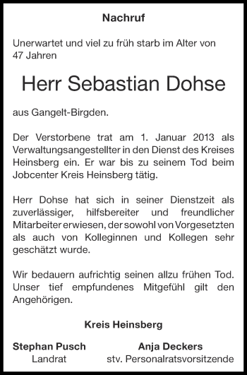 Traueranzeige von Sebastian Dohse von Zeitung am Sonntag