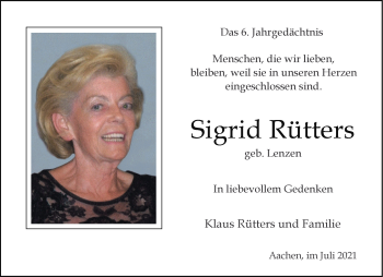 Traueranzeige von Sigrid Rütters von Aachener Zeitung / Aachener Nachrichten