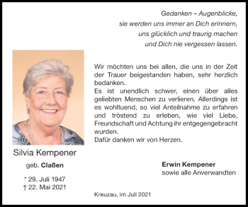 Traueranzeige von Silvia Kempener von Zeitung am Sonntag