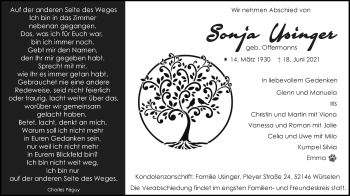 Traueranzeige von Sonja Usinger von Zeitung am Sonntag