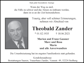 Traueranzeige von Theobald Zander von Zeitung am Sonntag