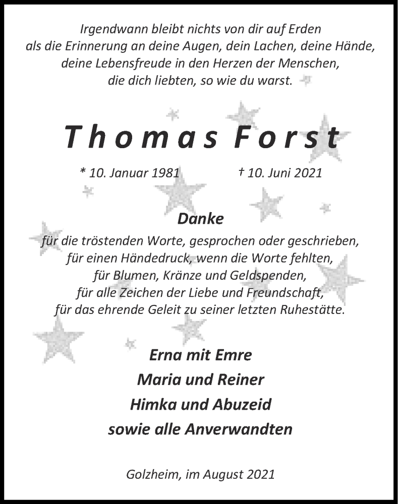  Traueranzeige für Thomas Forst vom 01.08.2021 aus Zeitung am Sonntag