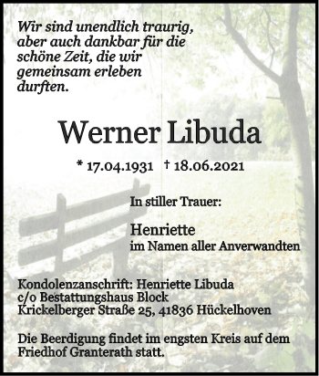 Traueranzeige von Werner Libuda von Zeitung am Sonntag