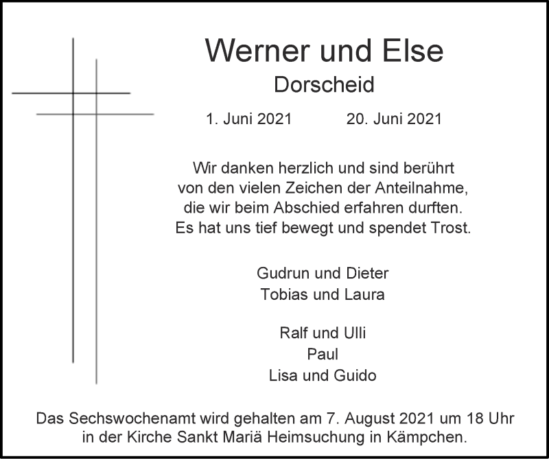  Traueranzeige für Werner und Else Dorscheid vom 01.08.2021 aus Zeitung am Sonntag