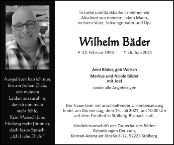 Traueranzeige von Wilhelm Bäder von Zeitung am Sonntag