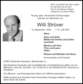Traueranzeige von Willi Strüver von Zeitung am Sonntag