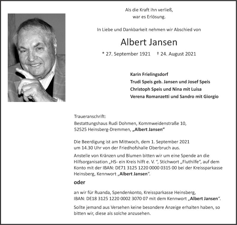  Traueranzeige für Albert Jansen vom 28.08.2021 aus Aachener Zeitung / Aachener Nachrichten