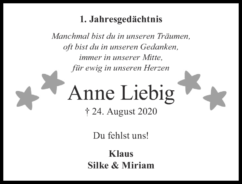  Traueranzeige für Anne Liebig vom 22.08.2021 aus Zeitung am Sonntag