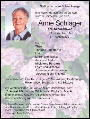 Traueranzeige von Anne Schläger von Aachener Zeitung / Aachener Nachrichten
