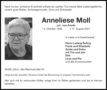 Traueranzeige von Anneliese Moll von Zeitung am Sonntag