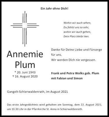 Traueranzeige von Annemie Plum von Zeitung am Sonntag