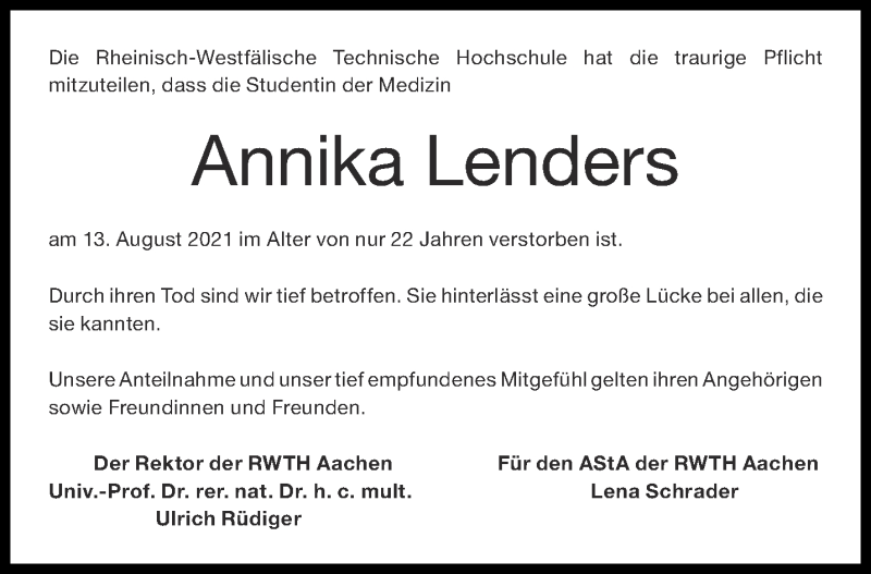  Traueranzeige für Annika Lenders vom 28.08.2021 aus Aachener Zeitung / Aachener Nachrichten