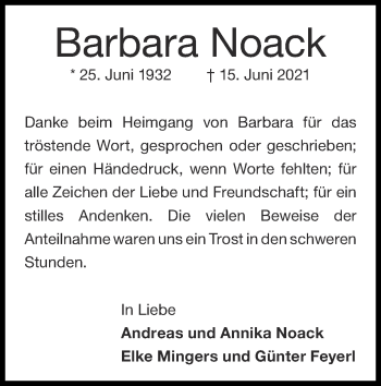 Traueranzeige von Barbara Noack von Zeitung am Sonntag