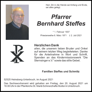 Traueranzeige von Bernhard Steffes von Zeitung am Sonntag