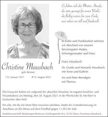 Traueranzeige von Christine Mausbach von Zeitung am Sonntag