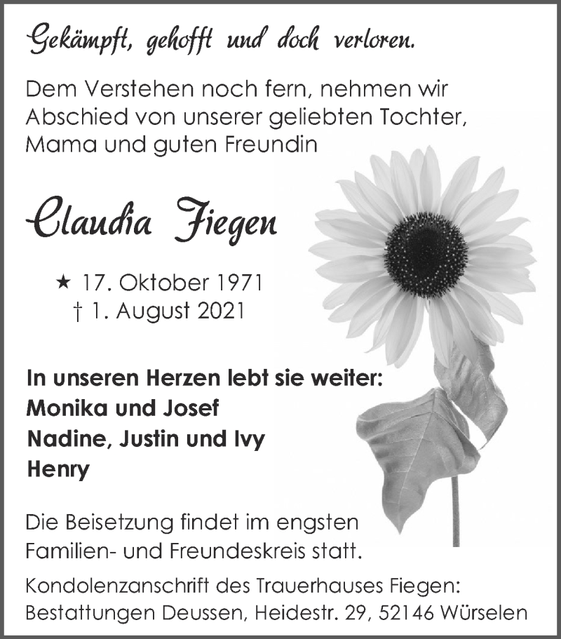  Traueranzeige für Claudia Fiegen vom 08.08.2021 aus Zeitung am Sonntag