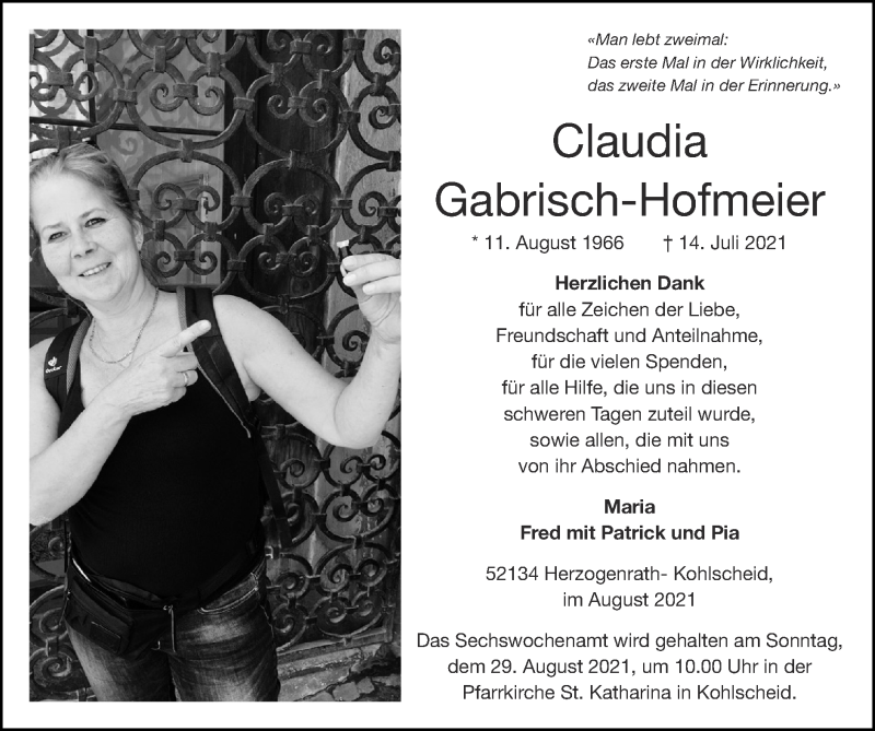  Traueranzeige für Claudia Gabrisch-Hofmeier vom 15.08.2021 aus Zeitung am Sonntag