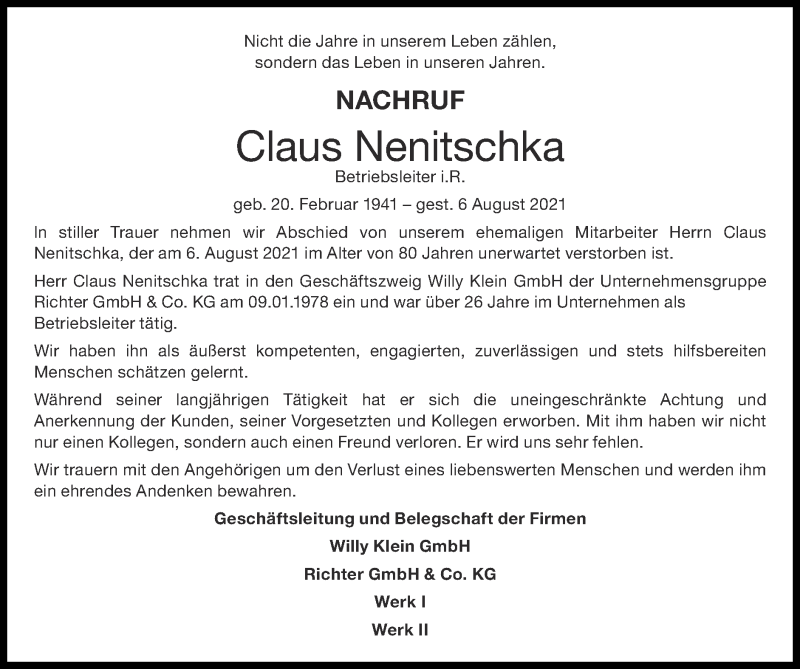  Traueranzeige für Claus Nenitschka vom 29.08.2021 aus Zeitung am Sonntag