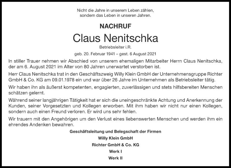  Traueranzeige für Claus Nenitschka vom 28.08.2021 aus Aachener Zeitung / Aachener Nachrichten