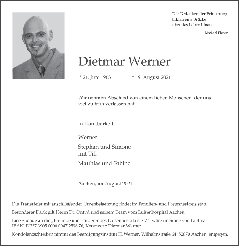  Traueranzeige für Dietmar Werner vom 21.08.2021 aus Aachener Zeitung / Aachener Nachrichten