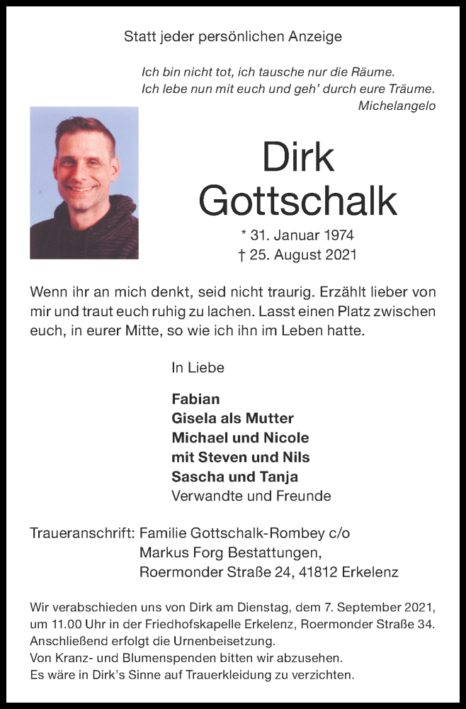  Traueranzeige für Dirk Gottschalk vom 29.08.2021 aus Zeitung am Sonntag