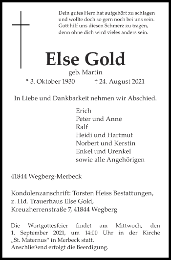 Traueranzeige von Else Gold von Zeitung am Sonntag
