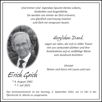 Traueranzeige von Erich Geich von Zeitung am Sonntag