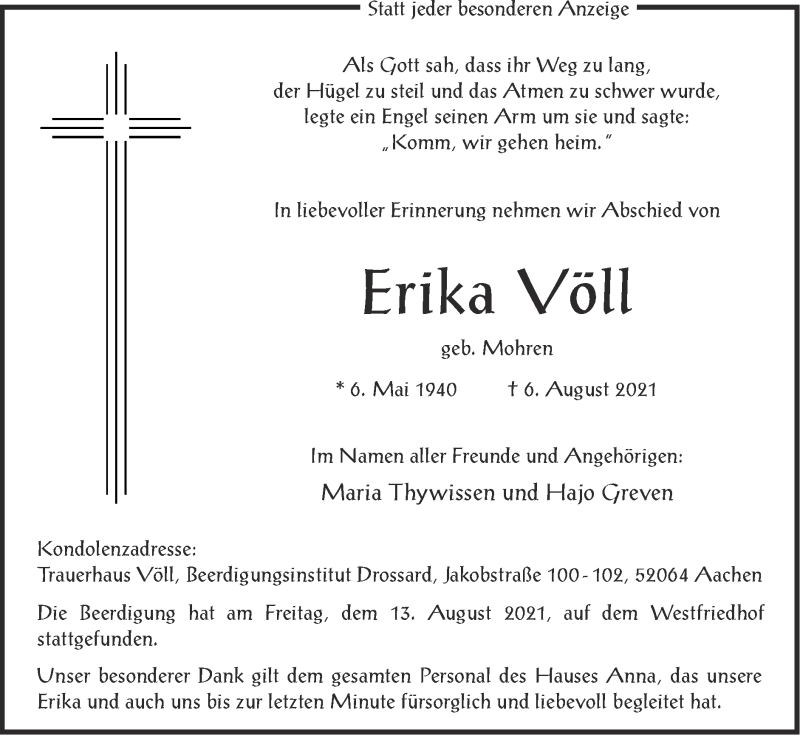  Traueranzeige für Erika Völl vom 15.08.2021 aus Zeitung am Sonntag
