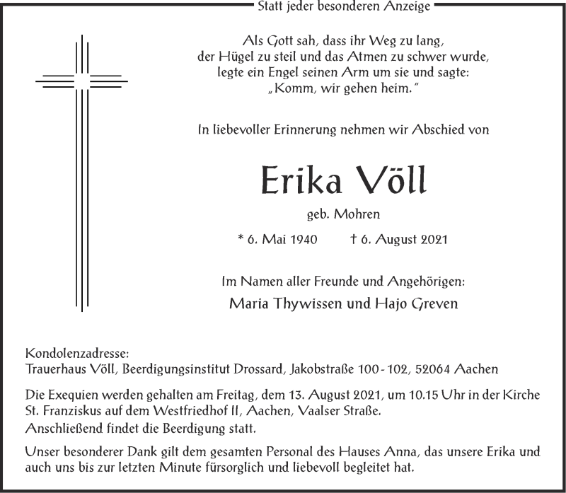  Traueranzeige für Erika Völl vom 11.08.2021 aus Aachener Zeitung / Aachener Nachrichten