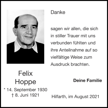Traueranzeige von Felix Hoppe von Zeitung am Sonntag