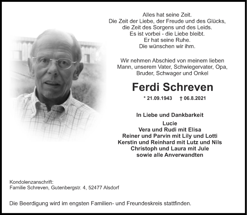  Traueranzeige für Ferdi Schreven vom 11.08.2021 aus Aachener Zeitung / Aachener Nachrichten