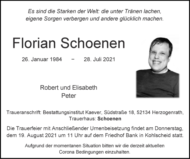  Traueranzeige für Florian Schoenen vom 15.08.2021 aus Zeitung am Sonntag