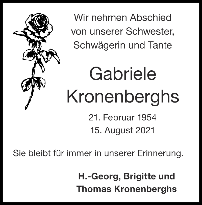  Traueranzeige für Gabriele Kronenberghs vom 22.08.2021 aus Zeitung am Sonntag