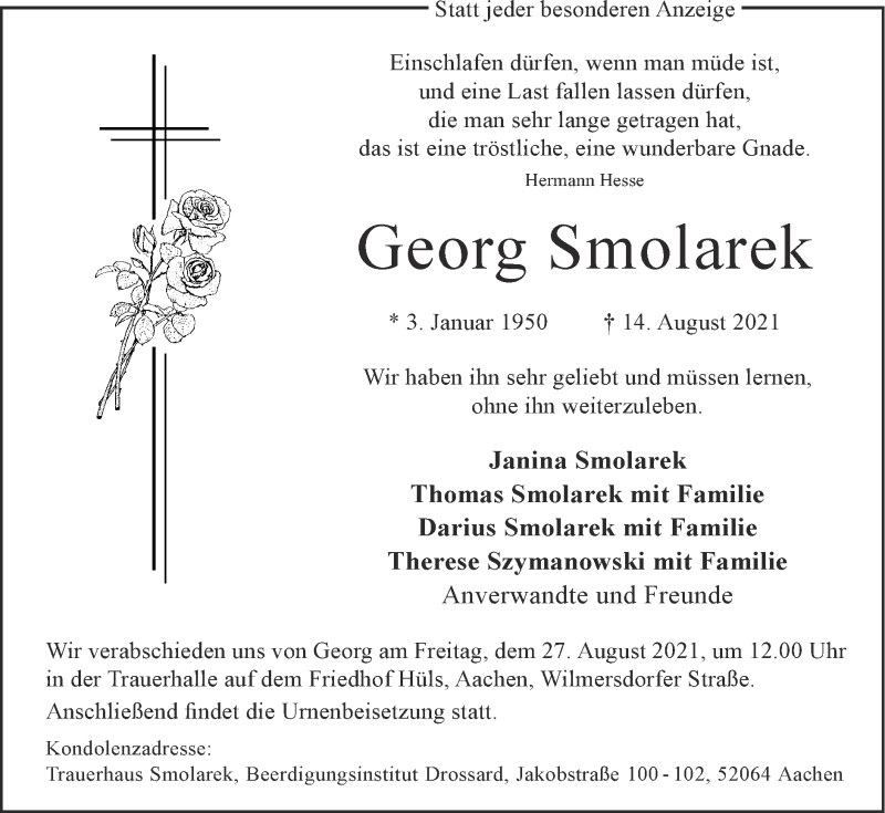  Traueranzeige für Georg Smolarek vom 22.08.2021 aus Zeitung am Sonntag