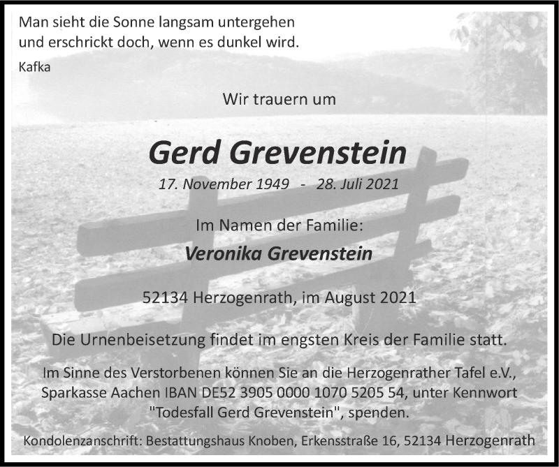  Traueranzeige für Gerd Grevenstein vom 22.08.2021 aus Zeitung am Sonntag