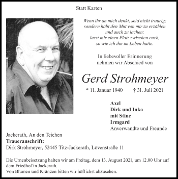Traueranzeige von Gerd Strohmeyer von Zeitung am Sonntag