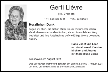 Traueranzeige von Gerti Lièvre von Zeitung am Sonntag