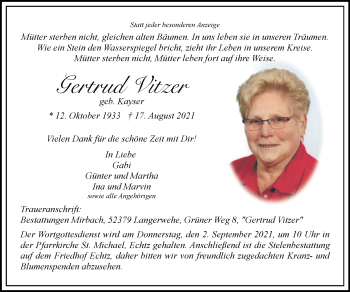 Traueranzeige von Gertrud Vitzer von Zeitung am Sonntag