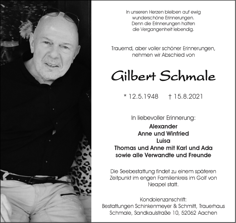  Traueranzeige für Gilbert Schmale vom 28.08.2021 aus Aachener Zeitung / Aachener Nachrichten